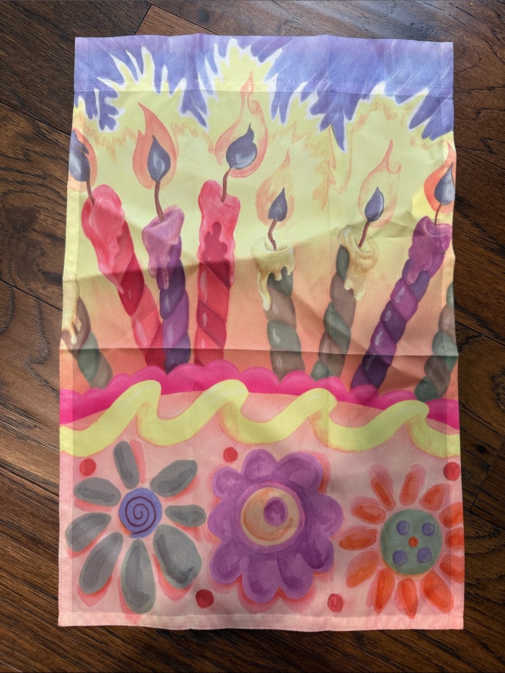 Birthday Cake & Candle Garden Flag - Colorful Floral Celebration Watercolor